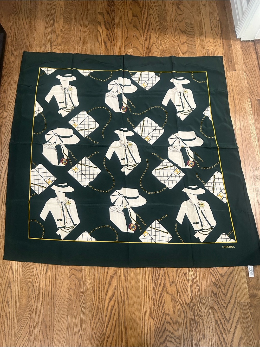 CHANEL Dark Green Silk Scarf with Silhouette of Ladies and Bags